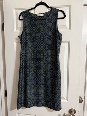 Jude Connally Women's Navy Blue and Green Sleeveless Shift Dress Size Large